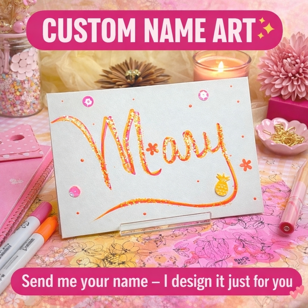 Custom Glitter Name Art 6x4 Tropical Pink Handmade Cardstock